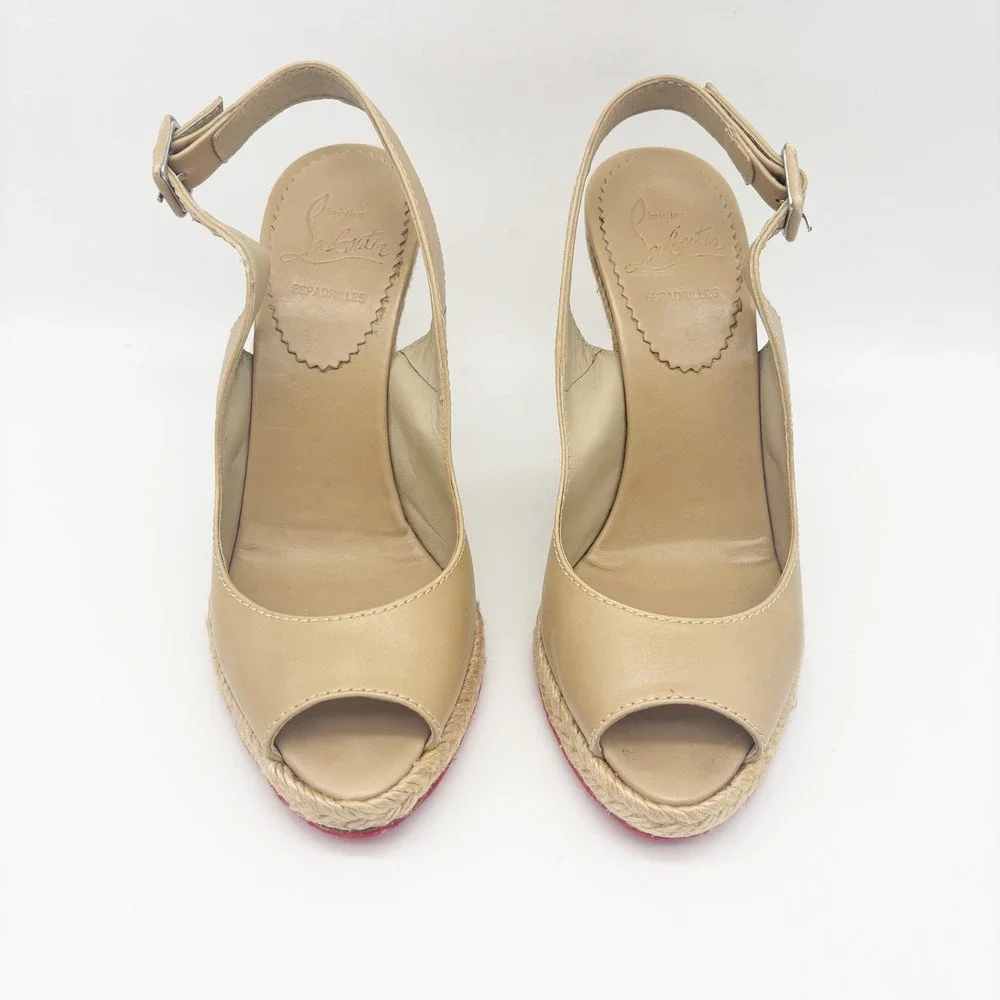 Christian Louboutin You Love Beige Leather Slingback Espadrille Wedges Size 36